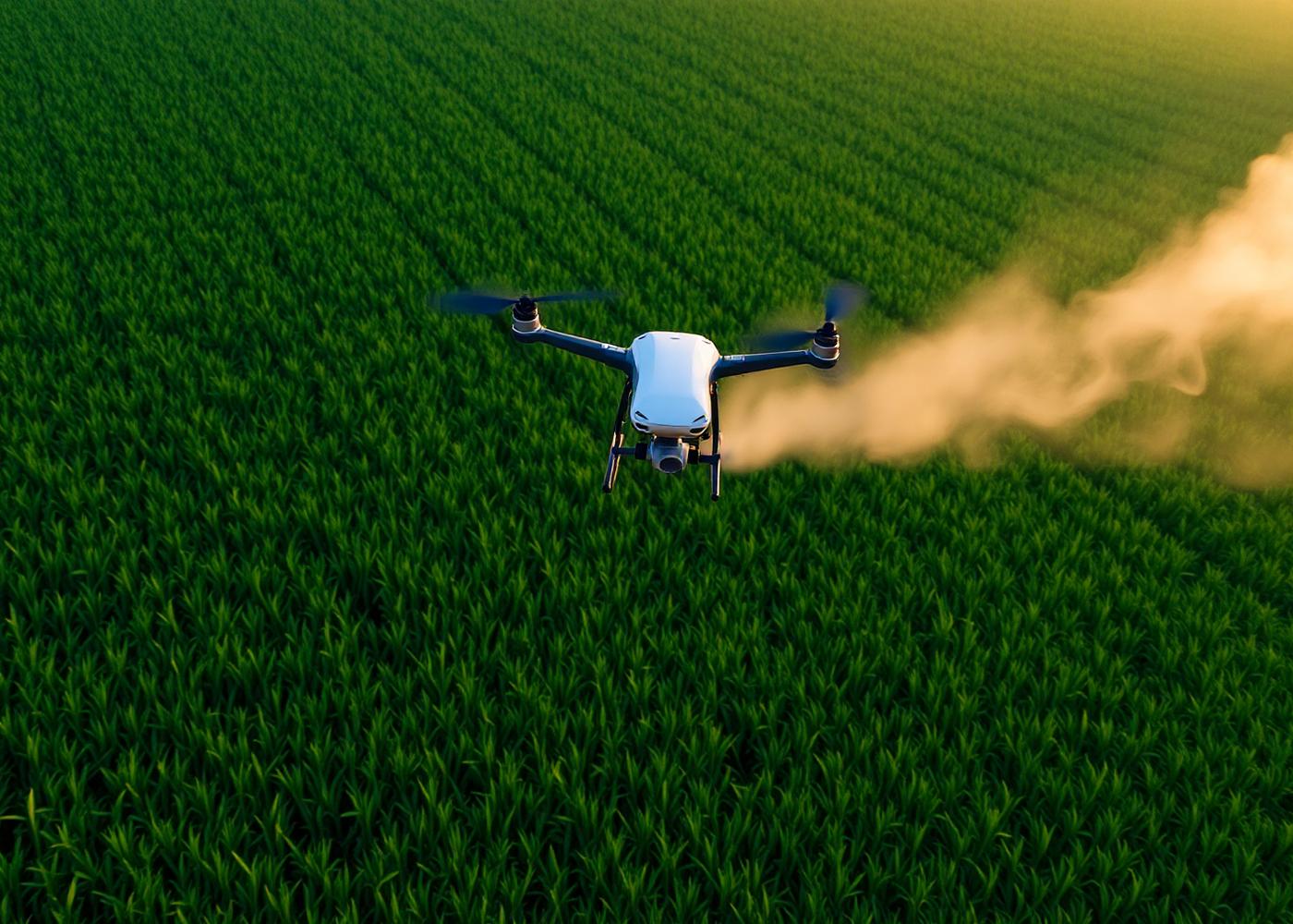 Aerial view of a drone spraying a sugarcane field