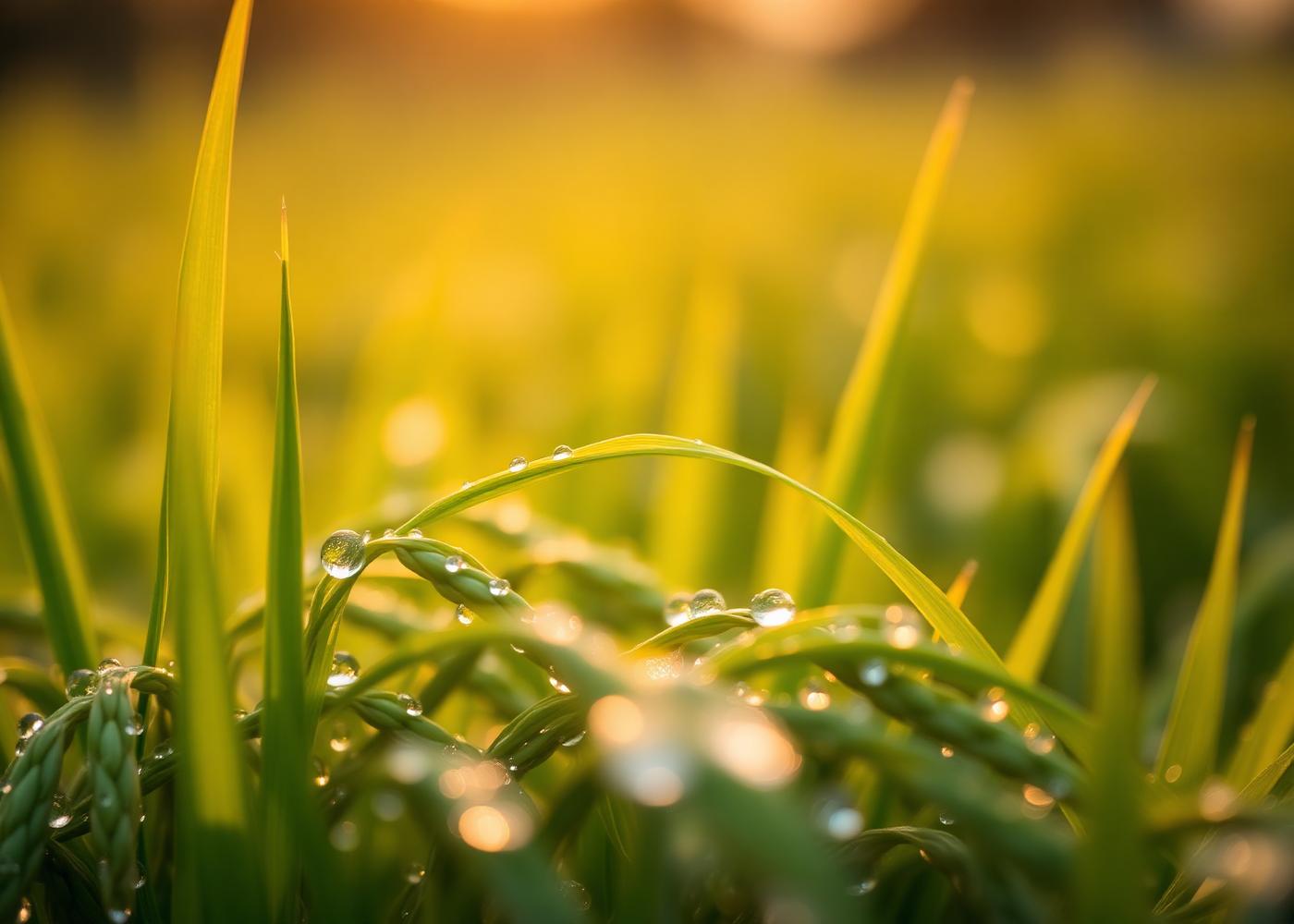 Close-up of healthy paddy grains with morning dew