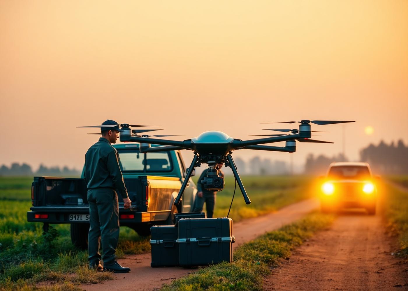 Maruthai Drones crew preparing equipment on a farm track