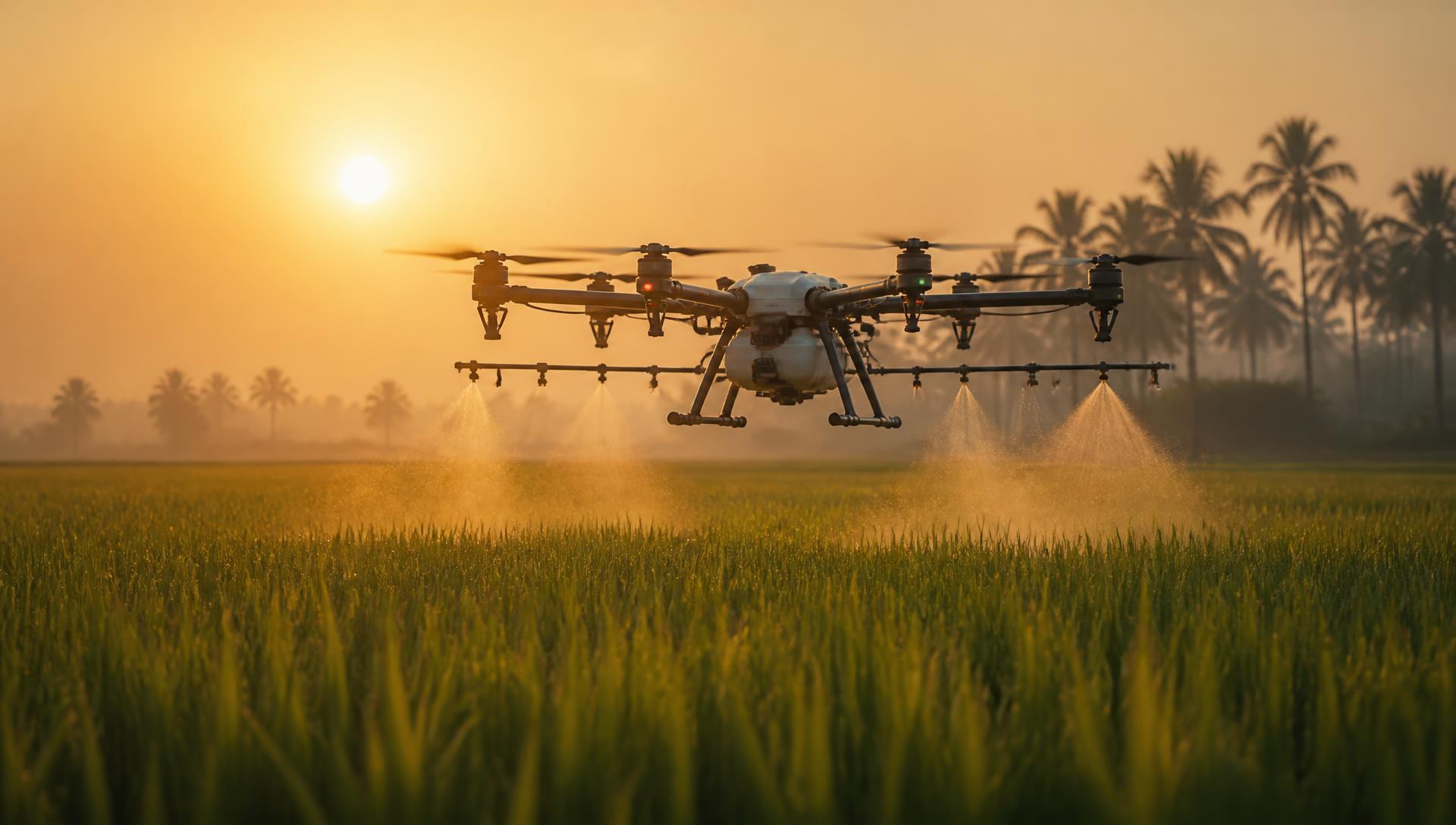 Spray drone hovering over a paddy field at sunrise